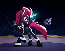 Size: 2840x2232 | Tagged: safe, artist:moonatik, imported from derpibooru, tempest shadow, pony, unicorn, alternate clothes, alternate timeline, armor, bag, boots, clothes, cloud, description is relevant, evil grin, eye scar, female, flag, grin, high res, horn, lightning, looking at you, lore in description, mare, military uniform, new lunar millennium, night, nightmare takeover timeline, prosthetic horn, prosthetics, saddle bag, scar, shoes, smiling, smiling at you, solo, tempest gets her horn back, uniform