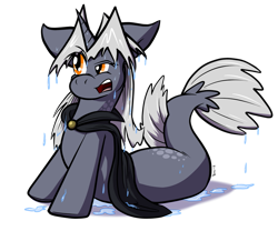 Size: 899x748 | Tagged: safe, artist:virmir, imported from derpibooru, oc, oc only, oc:virmir, pony, seapony (g4), unicorn, cape, clothes, fish tail, flowing tail, gray mane, horn, lying down, open mouth, orange eyes, seaponified, simple background, solo, species swap, tail, teeth, transparent background, water, wet