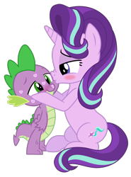 Size: 1229x1657 | Tagged: safe, artist:kingdark0001, imported from ponybooru, spike, starlight glimmer, dragon, blushing, female, kiss mark, kissing, lipstick, lucky bastard, male, romantic, shipping, sparlight, straight, winged spike