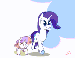 Size: 1280x984 | Tagged: safe, artist:storyteller, imported from derpibooru, rarity, sweetie belle, pony, unicorn, animated, cute, diasweetes, duo, female, filly, gif, hopping, loop, mare, siblings, sisters, smiling, underhoof, walking