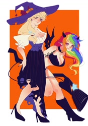Size: 1000x1432 | Tagged: safe, artist:yueyong996, imported from derpibooru, applejack, rainbow dash, human, appledash, breasts, broom, cleavage, demon wings, devil horns, devil tail, female, halloween, hat, holiday, horns, humanized, lesbian, shipping, tail, wings, witch hat