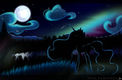 Size: 1102x725 | Tagged: safe, artist:opal_radiance, imported from derpibooru, princess celestia, alicorn, pony, aurora borealis, cloud, crown, female, flowing mane, flowing tail, folded wings, grass, hoof shoes, horn, jewelry, looking up, moon, moonlight, night, regalia, sky, solo, stars, tail, tree, wings