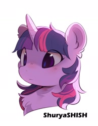 Size: 1671x2148 | Tagged: safe, artist:shuryashish, imported from derpibooru, twilight sparkle, pony, bust, chest fluff, eye clipping through hair, female, horn, simple background, solo, white background