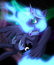 Size: 3747x4496 | Tagged: safe, artist:dodsie, artist:stasyan1902, derpibooru exclusive, imported from derpibooru, princess luna, alicorn, pony, female, flying, glow, glowing horn, horn, jewelry, mare, night, regalia, sky, solo