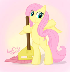 Size: 1280x1318 | Tagged: safe, artist:tayfox1510, imported from derpibooru, fluttershy, pegasus, pony, bipedal, female, fluttermop, looking at you, mare, mop, smiling, solo