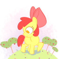 Size: 1000x1000 | Tagged: safe, artist:podushkinz, imported from derpibooru, apple bloom, earth pony, pony, apple, apple tree, female, filly, food, giantess, macro, solo, tree