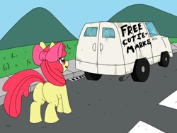 Size: 1280x960 | Tagged: safe, artist:jdmorte, imported from derpibooru, apple bloom, earth pony, pony, butt, female, filly, free candy, imminent grimdark, plot, rape van, solo, this will not end well, van