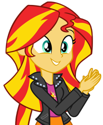 Size: 5143x6244 | Tagged: safe, artist:andoanimalia, imported from derpibooru, sunset shimmer, equestria girls, rainbow rocks, absurd resolution, clapping, clothes, female, grin, jacket, leather jacket, simple background, smiling, solo, transparent background, vector