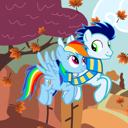 Size: 720x720 | Tagged: safe, artist:mlplary6, imported from derpibooru, rainbow dash, soarin', autumn, clothes, female, flying, leaves, male, scarf, shared clothing, shared scarf, shipping, soarindash, straight