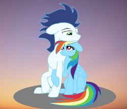 Size: 540x462 | Tagged: safe, artist:celestia2590, imported from derpibooru, rainbow dash, soarin', female, hug, leg hug, male, shipping, soarindash, straight