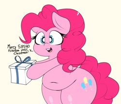 Size: 2362x2036 | Tagged: safe, artist:blitzyflair, imported from derpibooru, pinkie pie, earth pony, pony, belly button, bipedal, christmas, chubby, early, female, happy, high res, holding, holiday, mare, open mouth, plump, present, smiling, solo, talking to viewer, wide hips