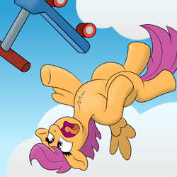 Size: 2500x2500 | Tagged: safe, artist:doodledonutart, imported from derpibooru, scootaloo, pegasus, pony, chest fluff, cloud, falling, female, filly, high res, open mouth, scooter, screaming, solo, this will end in pain, this will end in tears and/or death and/or covered in tree sap, this will not end well