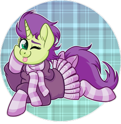 Size: 943x962 | Tagged: safe, artist:binkyt11, imported from derpibooru, oc, oc only, oc:sky spark, pony, unicorn, :p, bow, clothes, commission, female, hoodie, looking at you, lying down, mare, one eye closed, prone, scarf, skirt, socks, solo, striped socks, tail, tail bow, tongue out, wink, winking at you