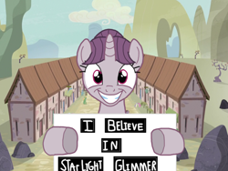 Size: 2048x1536 | Tagged: safe, artist:chanyhuman, imported from derpibooru, starlight glimmer, sugar belle, pony, unicorn, the cutie map, allegory, cult, dark, description at source, description is relevant, deviantart, disturbing, egalitarianism, equal sign, equalized, female, jim jones, jonestown, looking at you, our town, reference, sign, smiling, smiling at you, story included