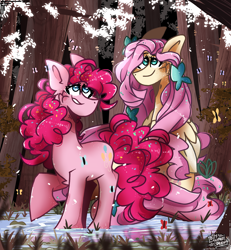 Size: 2500x2700 | Tagged: safe, artist:its_sunsetdraws, imported from derpibooru, fluttershy, pinkie pie, butterfly, earth pony, pegasus, cheek fluff, colored lineart, digital art, fanart, female, flutterpie, forest, forest background, grass, high res, lesbian, looking up, redraw, reflection, shipping, standing in water