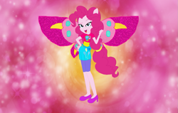 Size: 1043x664 | Tagged: safe, artist:selenaede, artist:user15432, imported from derpibooru, pinkie pie, fairy, equestria girls, base used, charmix, clothes, crossover, cutie mark, cutie mark on clothes, element of laughter, fairy wings, fairyized, female, hand on hip, high heels, magic winx, open mouth, pink wings, ponied up, shoes, solo, wings, winx, winx club, winxified