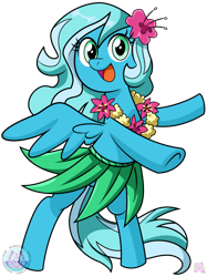 Size: 774x1033 | Tagged: safe, artist:chibi-jen-hen, artist:mewtwo-ex, imported from derpibooru, oc, oc:sea sailor, pegasus, bipedal, blue, clothes, cute, dancing, female, flower, grass skirt, green eyes, hibiscus, hula, hula dance, lei, looking at you, mare, mascot, ocbetes, pegasus oc, simple background, skirt, smiling, smiling at you, solo, spread wings, transparent background, wings