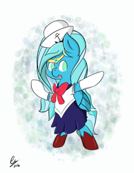 Size: 3199x4116 | Tagged: safe, artist:phin-the-pie, imported from derpibooru, oc, oc only, oc:sea sailor, pegasus, anchor, blue, boots, bow, bowtie, clothes, cosplay, costume, crest, crossover, cute, ear fluff, female, green eyes, happy, hat, mare, no pupils, pegasus oc, peytral, pointing, sailor, sailor hat, sailor moon, sailor uniform, shoes, signature, simple background, skirt, small mouth, socks, uniform