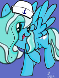 Size: 777x1029 | Tagged: safe, artist:mezairplush, imported from derpibooru, oc, oc:sea sailor, pegasus, anchor, big mane, blue, blue background, close-up, female, green eyes, hat, looking at you, mare, pegasus oc, sailor, sailor hat, signature, simple background, smiling, smiling at you
