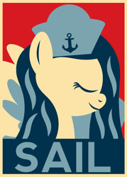 Size: 600x840 | Tagged: safe, artist:purpletinker, imported from derpibooru, oc, oc:sea sailor, pegasus, blue, eyes closed, female, hat, mare, pegasus oc, propaganda poster, red, sail, sailor, sailor hat