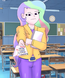 Size: 1536x1844 | Tagged: safe, artist:cjv2004, imported from derpibooru, princess celestia, alicorn, equestria girls, canterlot high, classroom, desk, failing grade, female, paper, principal celestia, spanish