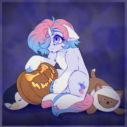 Size: 1550x1550 | Tagged: safe, artist:amishy, imported from derpibooru, oc, oc only, pony, unicorn, female, floppy ears, halloween, holiday, jack-o-lantern, pumpkin, solo