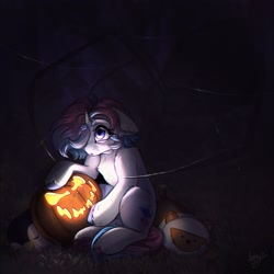 Size: 1938x1938 | Tagged: safe, artist:amishy, imported from derpibooru, oc, oc only, pony, unicorn, female, floppy ears, halloween, holiday, jack-o-lantern, pumpkin, solo