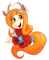 Size: 500x607 | Tagged: safe, artist:bonusjosh, imported from derpibooru, oc, oc only, oc:spirit, pegasus, pony, antlers, christmas, christmas lights, clothes, coffee mug, female, holiday, hoof hold, mare, mug, open mouth, open smile, simple background, smiling, solo, sweater, transparent background, turtleneck, wrench