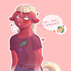 Size: 1049x1049 | Tagged: safe, artist:captainsirr, imported from derpibooru, hitch trailblazer, sprout cloverleaf, anthro, earth pony, blushing, clothes, dialogue, g5, gay, heart, hitchsprout, male, my little pony: a new generation, shipping, shirt, solo