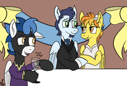 Size: 1802x1225 | Tagged: safe, artist:whirlwindflux, imported from derpibooru, soarin', spitfire, oc, oc:whirlwind flux, pegasus, pony, firestarter spitfire, clothes, costume, dress, facial hair, female, glass, goatee, looking at each other, male, mare, marriage, shadowbolts costume, shipping, soarinfire, stallion, straight, tuxedo mask, wedding, wedding dress, wine glass