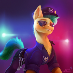 Size: 2892x2900 | Tagged: safe, artist:khvorost162, artist:mithriss, imported from derpibooru, hitch trailblazer, earth pony, pony, spoiler:my little pony: a new generation, absurd file size, collaboration, g5, grin, high res, male, my little pony: a new generation, sheriff, smiling, solo, stallion, stupid sexy hitch trailblazer, sunglasses