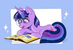 Size: 842x583 | Tagged: safe, artist:yourrdazzle, imported from derpibooru, twilight sparkle, pony, unicorn, book, female, glasses, lying down, prone, solo, unicorn twilight