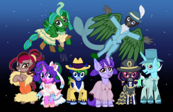 Size: 1024x663 | Tagged: safe, artist:kelseyleah, imported from derpibooru, oc, oc only, oc:daisy daedal, oc:devil's food cupcake, oc:midnight show, oc:naturally unique, oc:rasul, oc:raven luster, oc:rose moon, oc:torrent, griffon, clothes, costume, female, male, mare, nightmare night costume, stallion