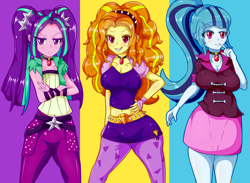 Size: 2592x1900 | Tagged: safe, artist:n00bultima, imported from derpibooru, adagio dazzle, aria blaze, sonata dusk, equestria girls, rainbow rocks, :3, aria blaze is not amused, aria flat, belly button, blushing, breast envy, breasts, busty adagio dazzle, busty sonata dusk, cleavage, crossed arms, delicious flat chest, female, grin, high res, jealous, midriff, smiling, the dazzlings, trio, trio female, tsundaria, tsundere, unamused