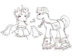 Size: 1024x777 | Tagged: safe, artist:a_l_nini, imported from derpibooru, sunny starscout, oc, alicorn, earth pony, pony, unicorn, alicorn oc, g5, horn, monochrome, my little pony: a new generation, race swap, roller skates, satchel, simple background, sketch, white background, wings