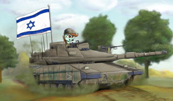 Size: 2400x1410 | Tagged: safe, artist:chopsticks, imported from derpibooru, oc, oc only, pony, chains, female, flag, gun, helmet, israel, machine gun, mare, merkava, solo, star of david, tank (vehicle), weapon