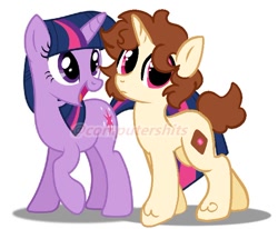 Size: 698x575 | Tagged: safe, artist:cutiesparke, imported from derpibooru, twilight sparkle, oc, oc:chocolate panini, unicorn, brown mane, canon x oc, curly hair, female, looking at you, male, pink eyes, shadow, shipping, short tail, show accurate, simple background, straight, tail, twinini, two toned mane, unicorn twilight, unshorn fetlocks, walking, watermark, white background