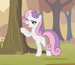 Size: 1058x921 | Tagged: safe, artist:andoanimalia, edit, imported from derpibooru, sweetie belle, pony, unicorn, bedroom eyes, bipedal, bipedal leaning, butt, female, grass, leaning, look at my butt, looking at you, mare, missing cutie mark, older, older sweetie belle, open mouth, plot, pose, smiling, solo, tree