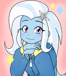 Size: 640x740 | Tagged: safe, artist:batipin, imported from derpibooru, trixie, equestria girls, blushing, clothes, cute, diatrixes, eyebrows, eyebrows visible through hair, eyelashes, female, hairpin, hand, hoodie, looking at you, simple background, smiling, smiling at you, solo, zipper