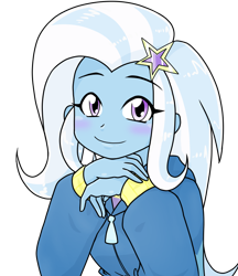 Size: 640x740 | Tagged: safe, alternate version, artist:batipin, imported from derpibooru, trixie, equestria girls, blushing, clothes, cute, diatrixes, eyebrows, eyebrows visible through hair, eyelashes, female, hairpin, hand, hoodie, looking at you, simple background, smiling, smiling at you, solo, transparent background, zipper