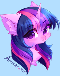 Size: 1196x1500 | Tagged: safe, artist:airiniblock, imported from derpibooru, twilight sparkle, pony, :o, blue background, blushing, bust, cheek fluff, chest fluff, collaboration, collaboration:too many twilight, cute, ear fluff, female, fluffy, looking at you, mare, neck fluff, open mouth, portrait, rcf community, simple background, solo, twiabetes