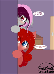 Size: 2177x3000 | Tagged: safe, artist:freefraq, imported from derpibooru, oc, oc only, oc:cherry slime, oc:lilac san, bat pony, goo, goo pony, original species, bat pony oc, cute, duo, female, heterochromia, high res, peeking