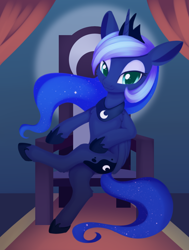 Size: 894x1182 | Tagged: safe, artist:dusthiel, imported from derpibooru, princess luna, alicorn, pony, crossed legs, ethereal mane, female, furniture, jewelry, looking at you, mare, regalia, solo, throne
