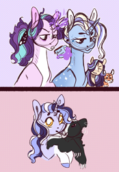 Size: 1336x1923 | Tagged: safe, artist:orphicswanart, imported from derpibooru, starlight glimmer, trixie, oc, oc only, oc:jade, oc:lullaby, badger, big cat, honey badger, pony, tiger, unicorn, female, lesbian, magical lesbian spawn, offspring, parent:starlight glimmer, parent:trixie, parents:startrix, shipping, solo, startrix