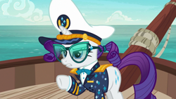 Size: 1920x1080 | Tagged: safe, imported from derpibooru, screencap, rarity, pony, ppov, boat, captain rarity, clothes, female, ocean, solo