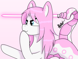 Size: 4093x3096 | Tagged: safe, artist:biru, imported from derpibooru, oc, oc only, lamia, original species, snake, female, lightsaber, pink background, simple background, solo, star wars, weapon