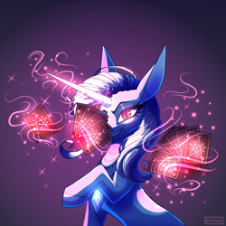 Size: 2500x2500 | Tagged: safe, artist:celes-969, imported from derpibooru, trixie, pony, unicorn, female, glowing, glowing eyes, high res, levitation, looking at you, magic, playing card, slit pupils, smiling, solo, telekinesis
