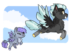 Size: 2732x2048 | Tagged: safe, artist:moccabliss, imported from derpibooru, thunderlane, oc, oc:amethyst shine, pegasus, pony, colored wings, father and child, father and daughter, female, filly, fluffy, flying, high res, male, offspring, parent:rarity, parent:thunderlane, parents:rarilane, two toned wings, wings