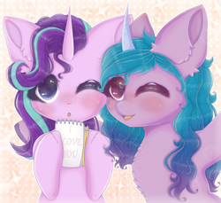 Size: 2390x2190 | Tagged: safe, artist:saltyvity, imported from derpibooru, izzy moonbow, starlight glimmer, pony, unicorn, :o, cute, duo, female, g5, high res, love, magic, my little pony: a new generation, notebook, one eye closed, open mouth, open smile, pencil, smiling, sparkles, wink