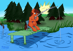 Size: 7016x4961 | Tagged: safe, artist:khaki-cap, imported from derpibooru, oc, oc only, oc:steven, earth pony, pony, art trade, chair, deviantart, deviantart link, digital art, earth pony oc, fishing, fishing rod, forest, happy, lake, link in description, male, nature, pier, pond, river, scenery, sketch, solo, sun, tree, water